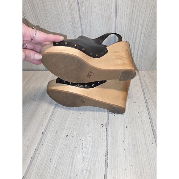 Sam Edelman CAMILLA Black Leather Sandals Wood Wedge Sling Heel Platform Read 9 - Picture 6 of 9